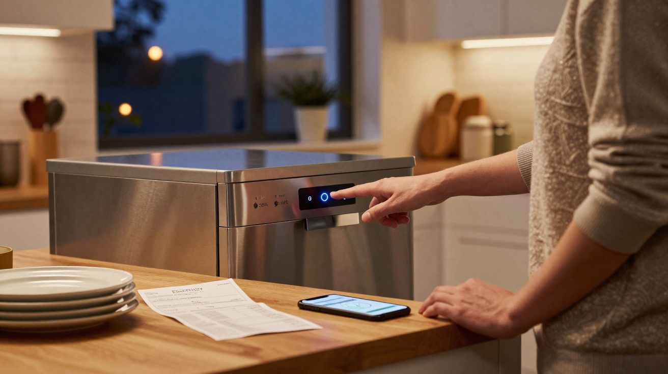 Personne dans une cuisine moderne appuyant sur le bouton d'un lave-vaisselle inox.