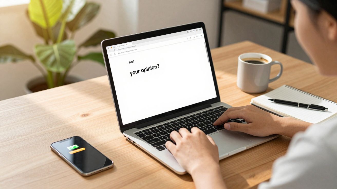 Personne utilisant un ordinateur portable avec un écran affichant "your opinion?" sur un bureau avec café et smartphone.