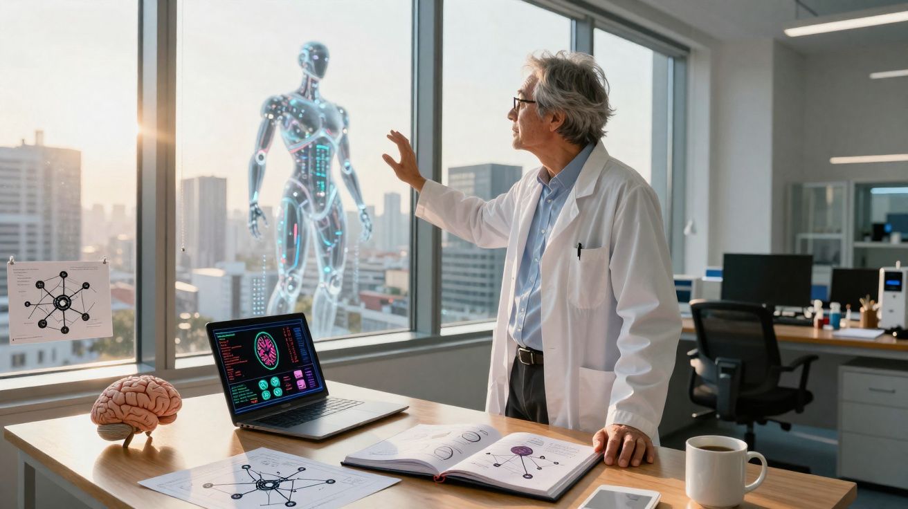 Chercheur en blouse blanche interagit avec une hologramme de robot humanoïde dans un bureau high-tech.