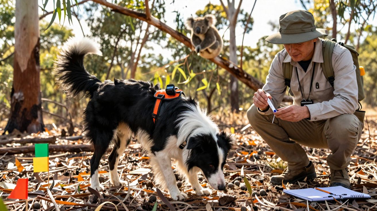 Homme en tenue d’explorateur observe un chien équipé d’un harnais dans une forêt d’eucalyptus avec un koala dans un arbre.