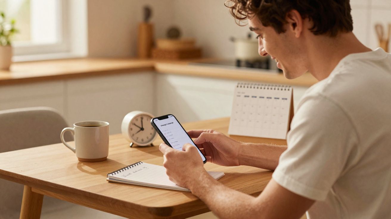 Jeune homme souriant utilisant un smartphone à une table en bois avec carnet, tasse, réveil et calendrier.