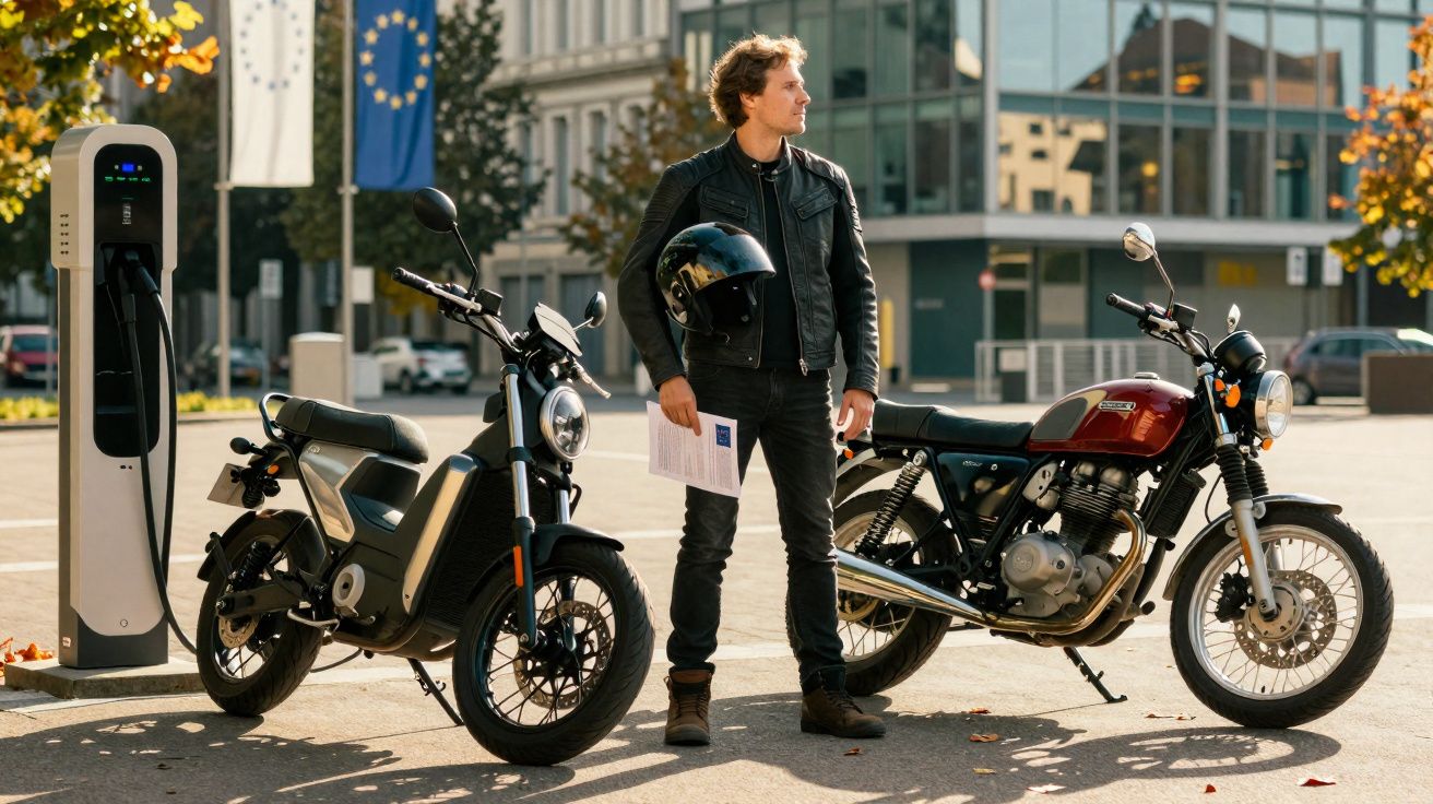 Homme avec casque tenant un document entre une moto classique et une moto électrique en pleine ville.