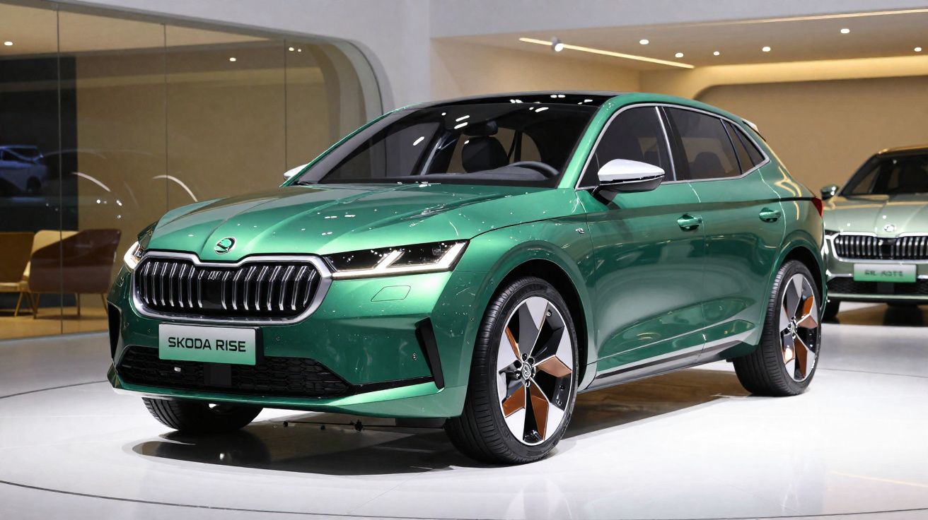 Voiture SUV Skoda Rise verte exposée en intérieur, avec design moderne et jantes originales.
