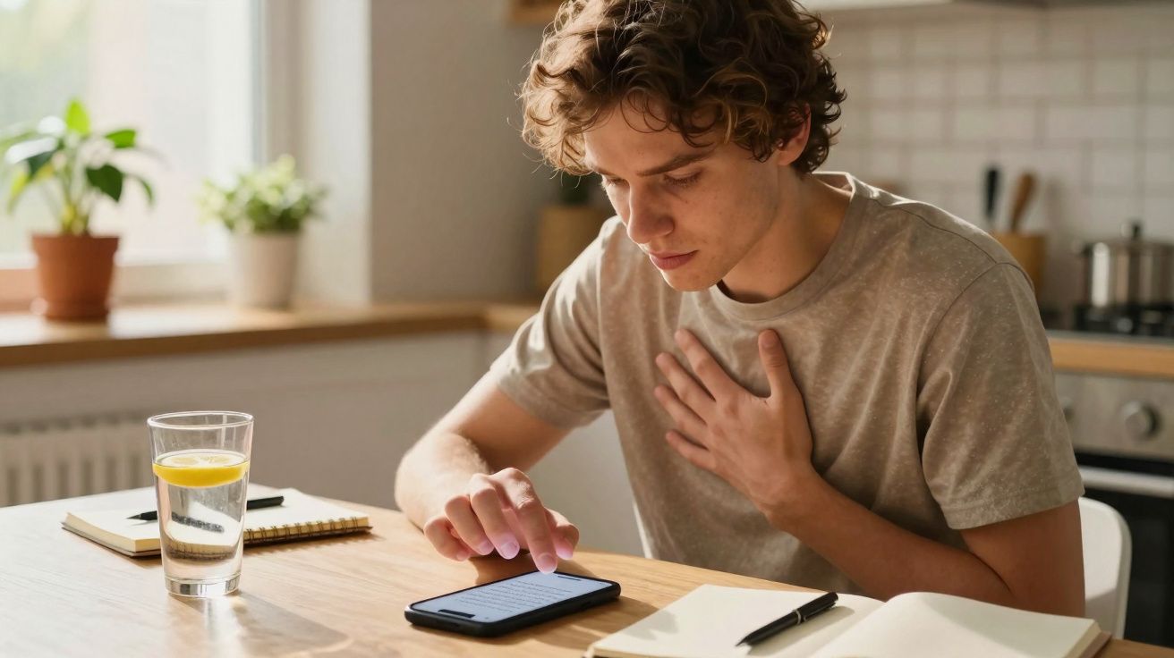 Jeune homme préoccupé touchant sa poitrine en lisant un message sur son smartphone à table.