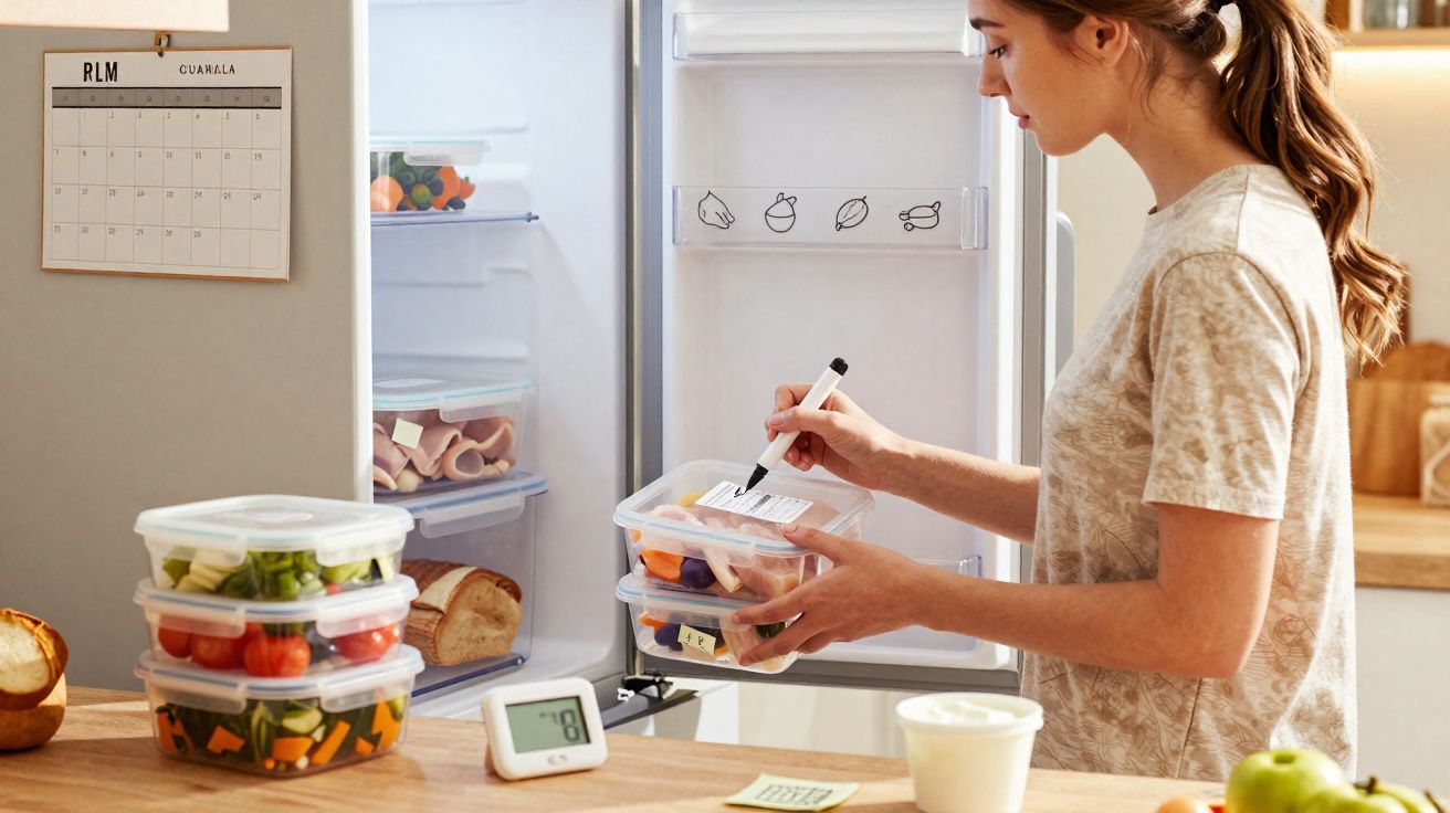 Femme étiquetant des boîtes de repas préparés devant un réfrigérateur ouvert dans une cuisine moderne.
