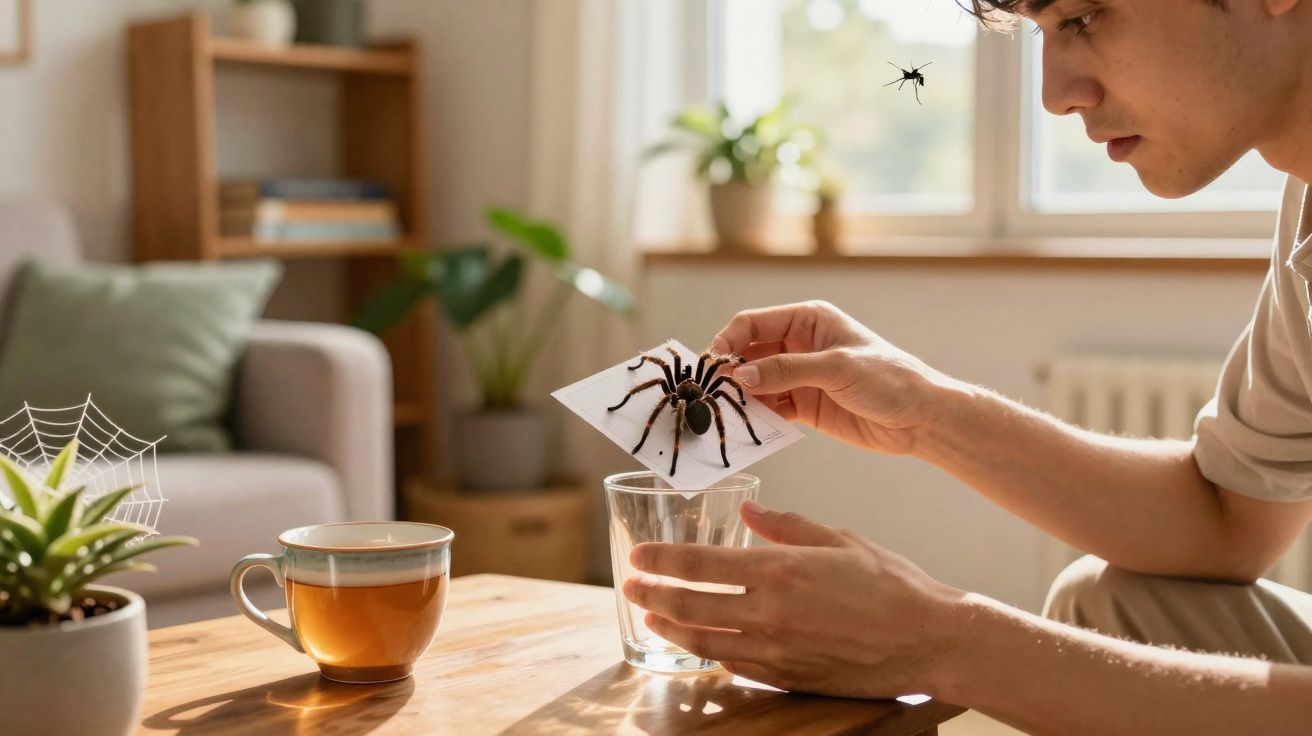Un homme capture une grosse tarentule avec une feuille dans un verre à la maison, une mouche vole à côté.