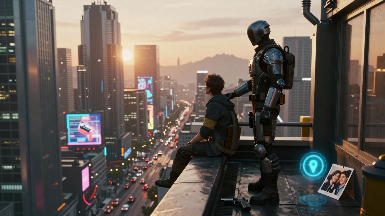 Jeune homme assis au bord d’un toit, accompagné d’un robot, surplombant une ville futuriste au coucher du soleil.