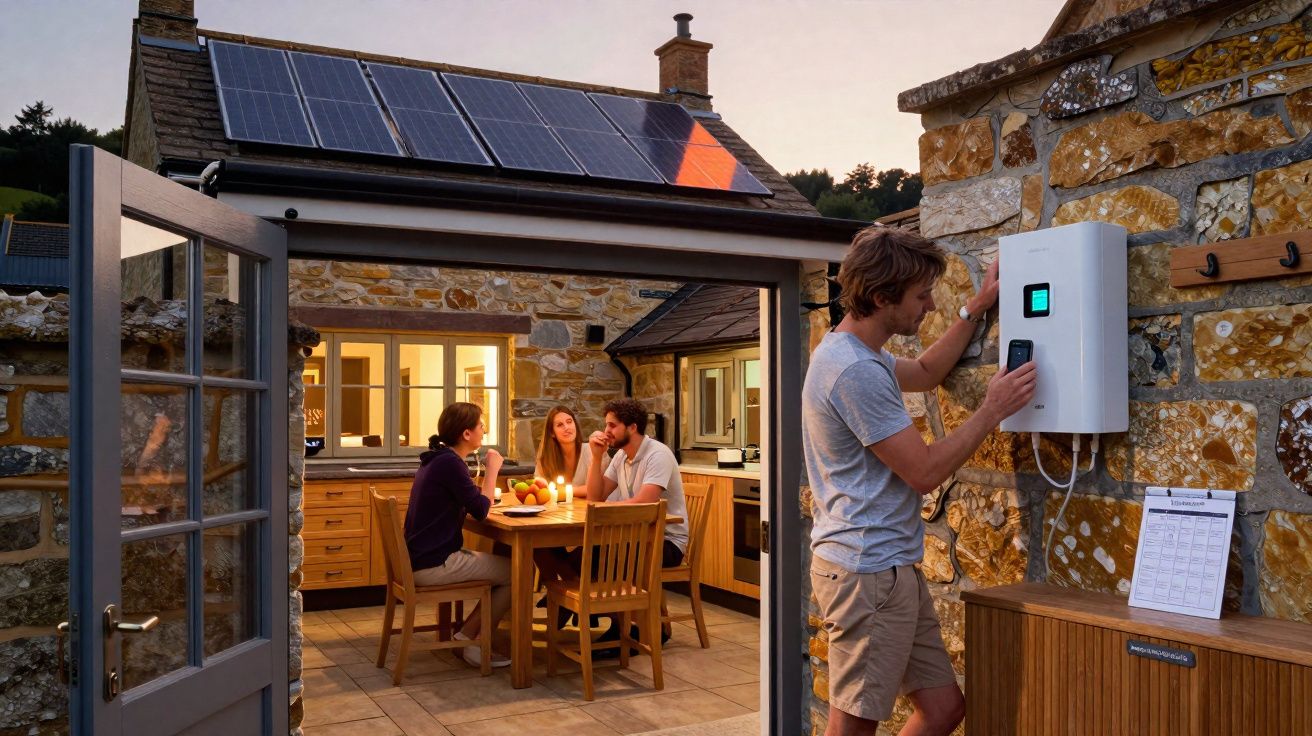 Homme réglant un onduleur solaire mural devant maison en pierre avec panneaux solaires, trois personnes à table à l’intérieur
