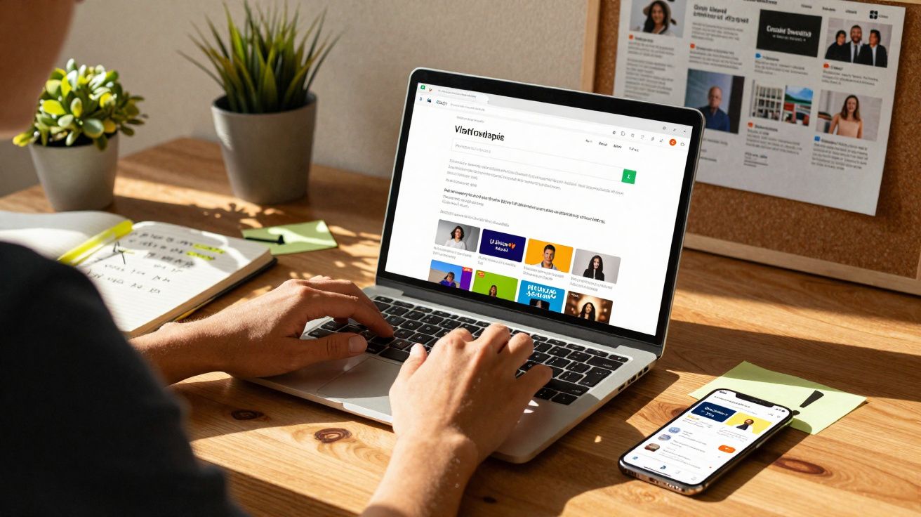 Personne utilisant un ordinateur portable sur un bureau en bois avec un smartphone, des plantes et un carnet à côté.