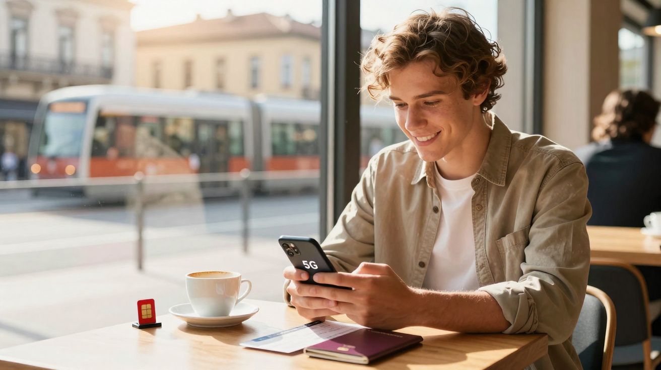 Jeune homme souriant utilisant un smartphone 5G dans un café, avec une tasse de café et un passeport sur la table.