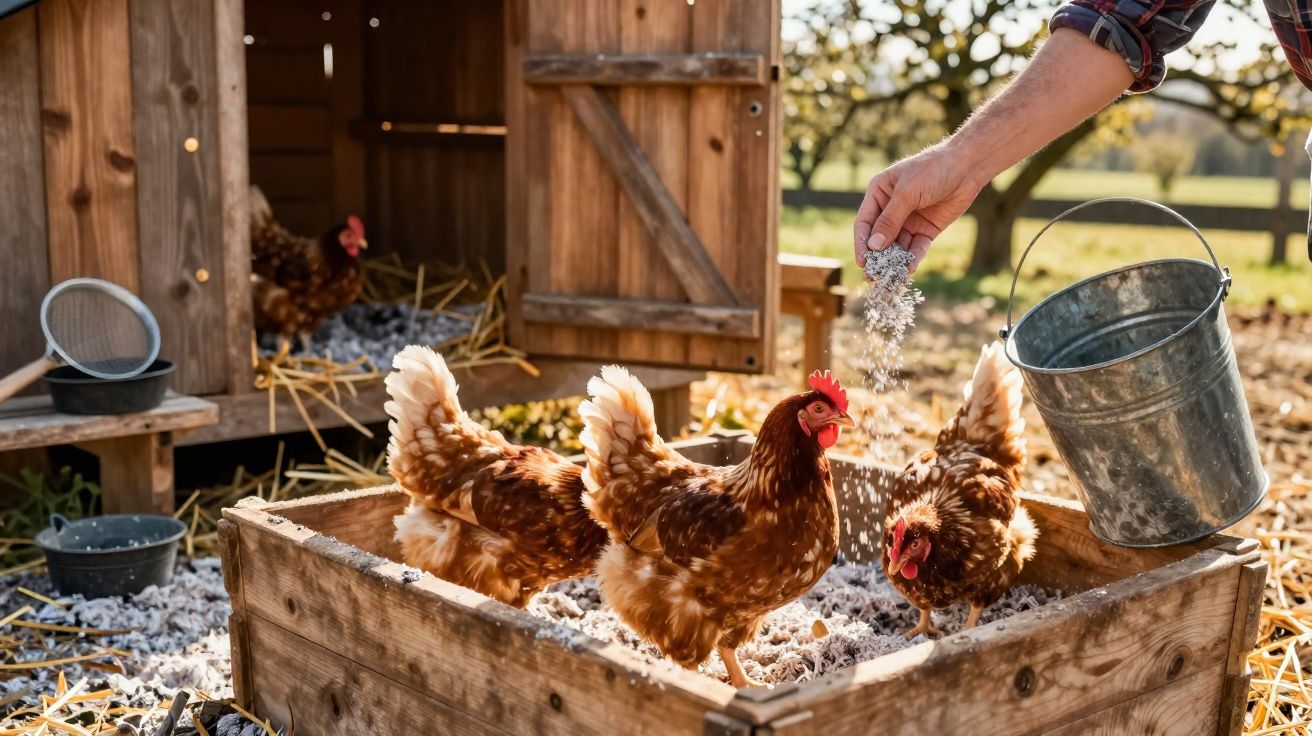 Un homme nourrit des poules dans un enclos en bois devant un poulailler rustique en plein air.