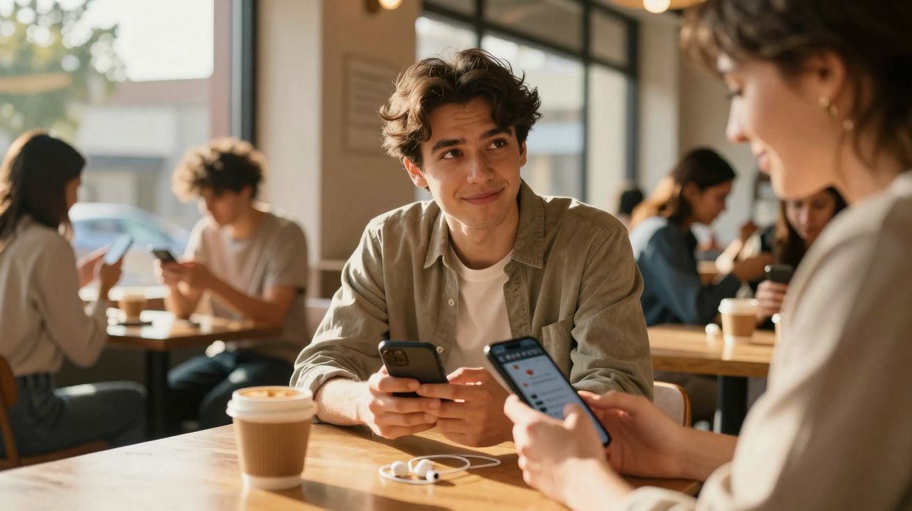 Jeunes adultes utilisant leurs téléphones dans un café lumineux, souriant et discutant ensemble.