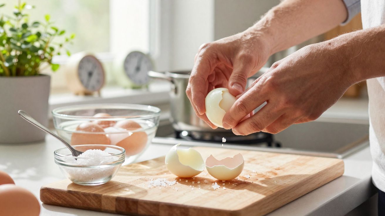 Mains épluchant des œufs durs sur une planche en bois dans une cuisine lumineuse avec des ingrédients autour.