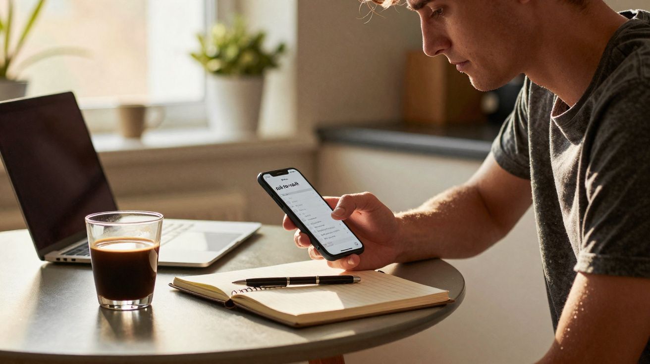 Jeune homme utilise son smartphone à table avec un carnet, un stylo, un ordinateur portable et un verre de café.