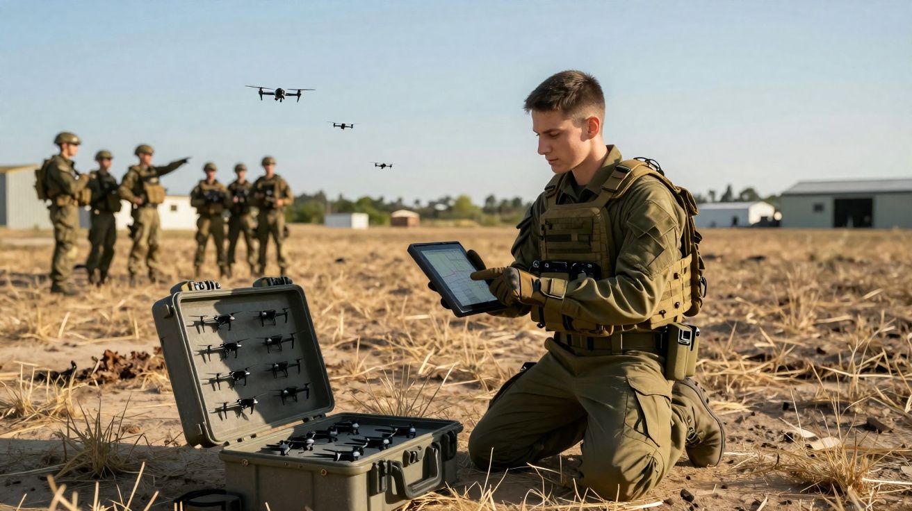 Soldat utilisant une tablette pour contrôler des drones en vol, avec une équipe militaire en arrière-plan.