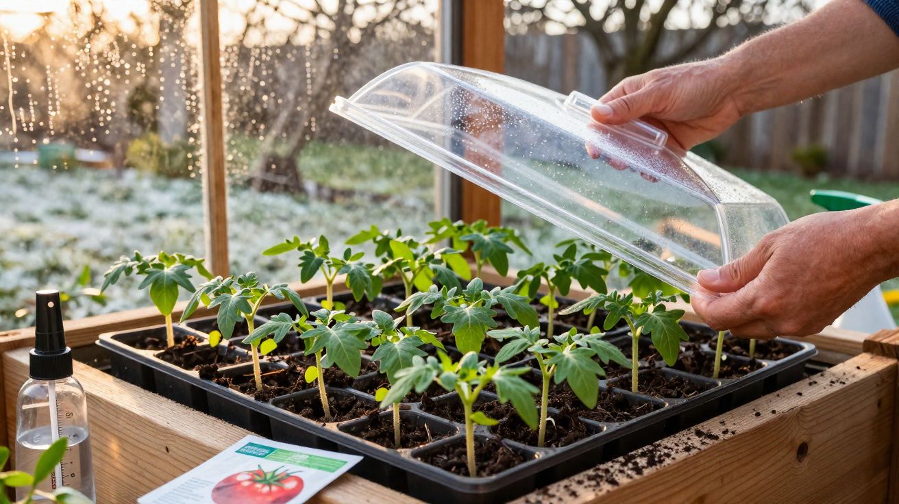 Une personne soulève un couvercle en plastique couvrant des semis de tomates dans une mini-serre en bois.