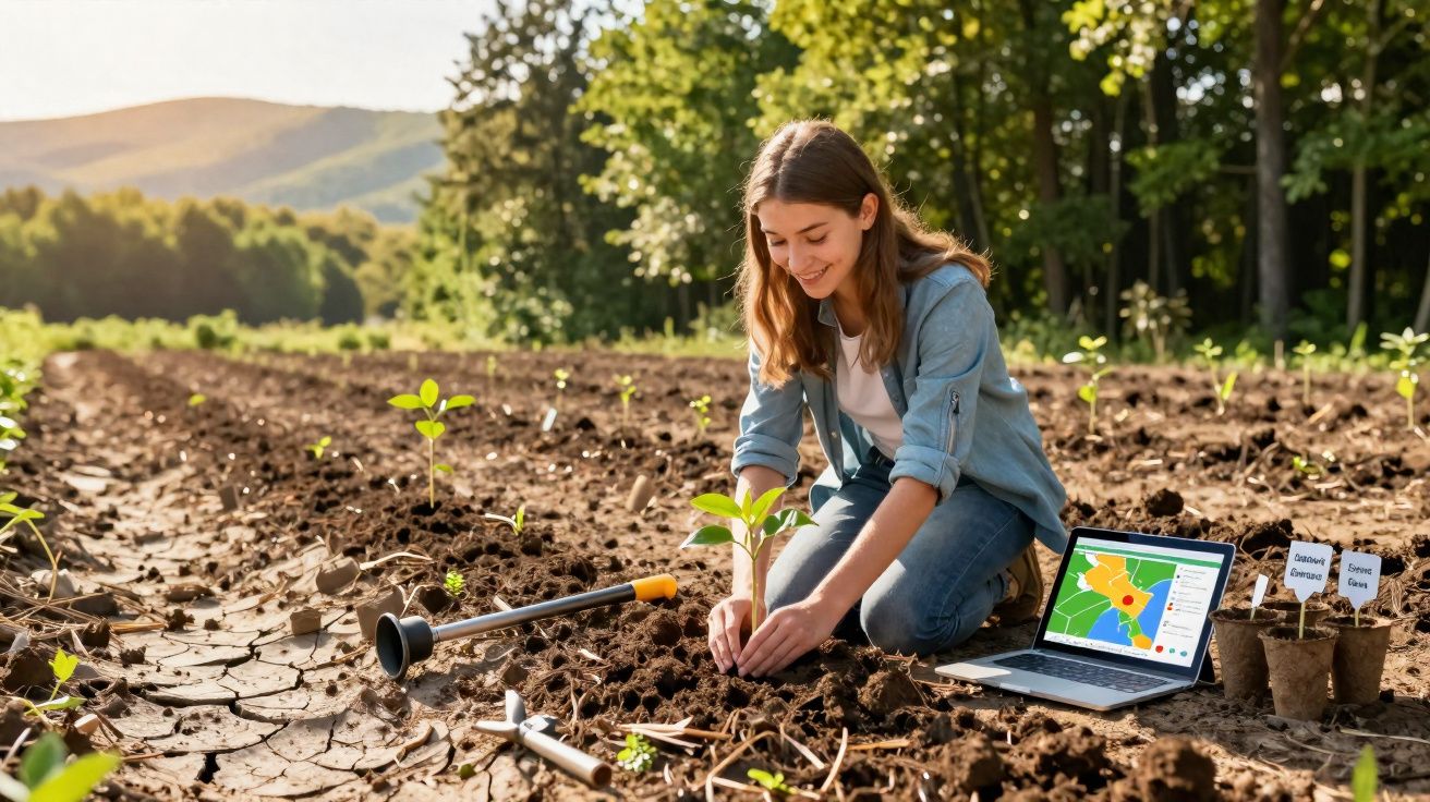 Jeune femme plantant un arbre dans un champ, avec ordinateur portable affichant une carte, par une journée ensoleillée.