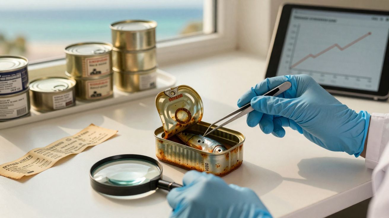 Main gantée tenant une pince pour examiner des sardines dans une boîte de conserve rouillée, loupe et graphique.