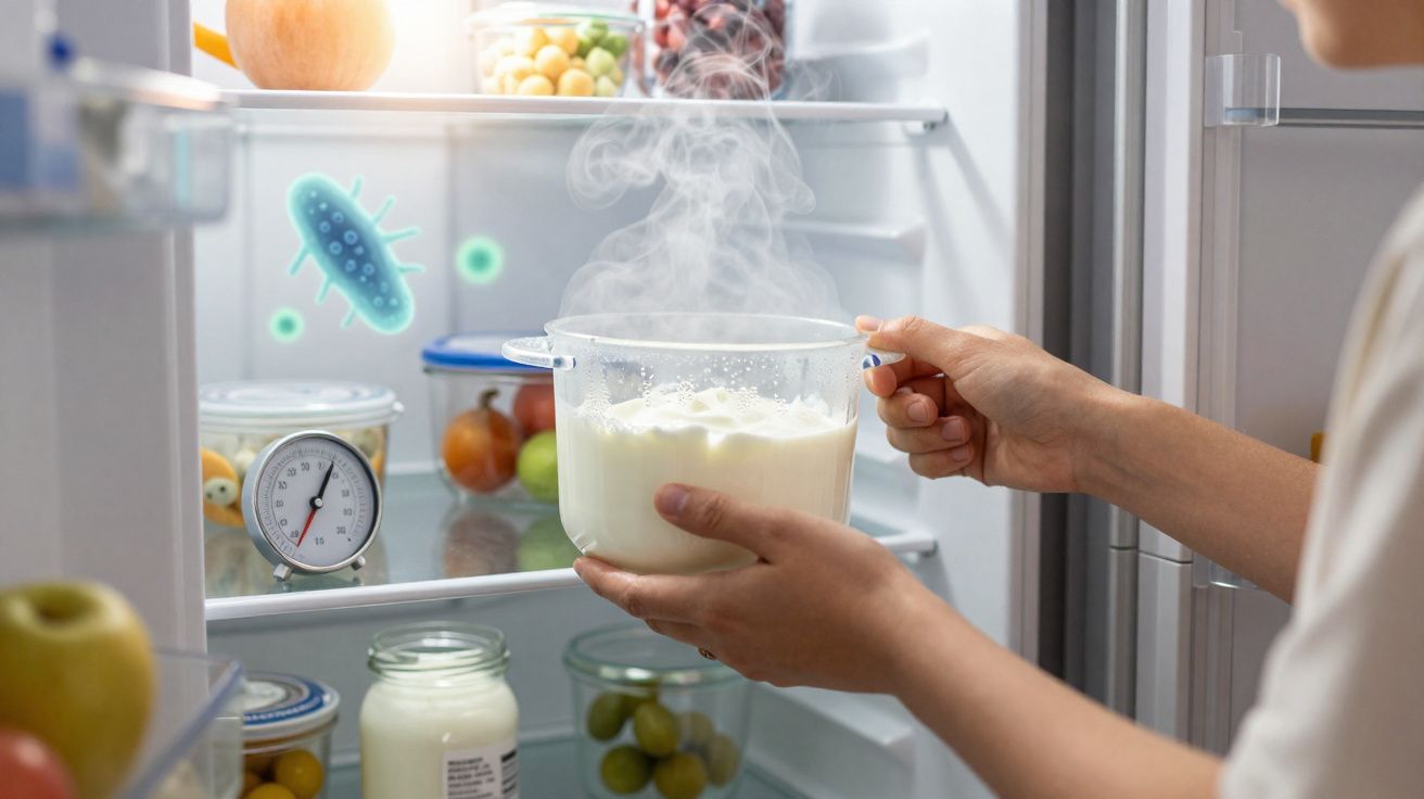 Personne tenant un récipient de lait chaud devant un réfrigérateur ouvert avec des aliments et un thermomètre visible.