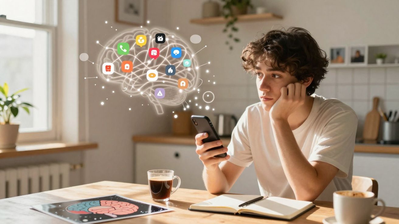 Jeune homme pensif utilisant un smartphone avec une illustration de cerveau et d'icônes d'applications au-dessus.