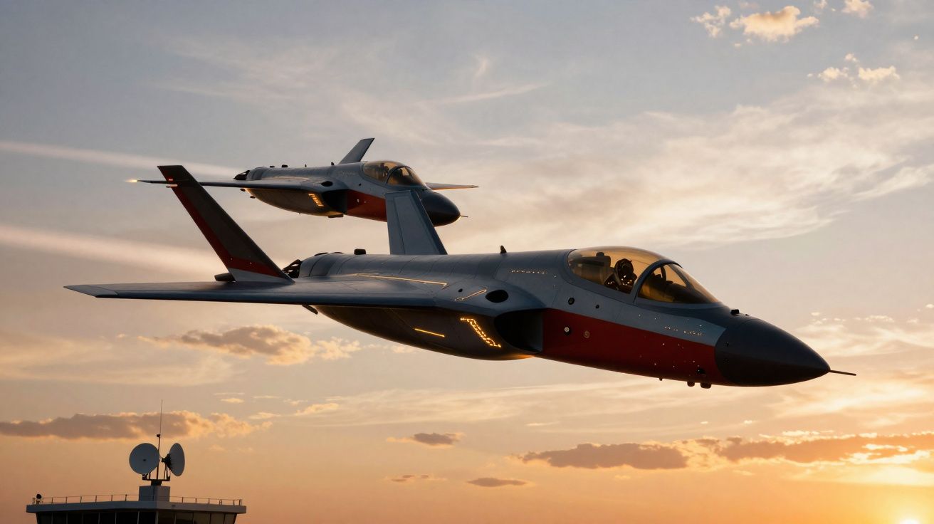 Deux avions légers de formation en vol au coucher du soleil avec un ciel partiellement nuageux en arrière-plan.