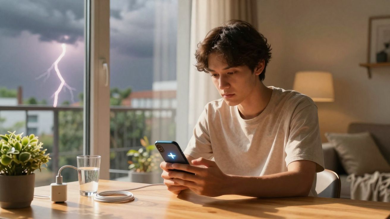 Jeune homme assis à une table, utilisant un smartphone, avec un éclair visible par la fenêtre en arrière-plan.