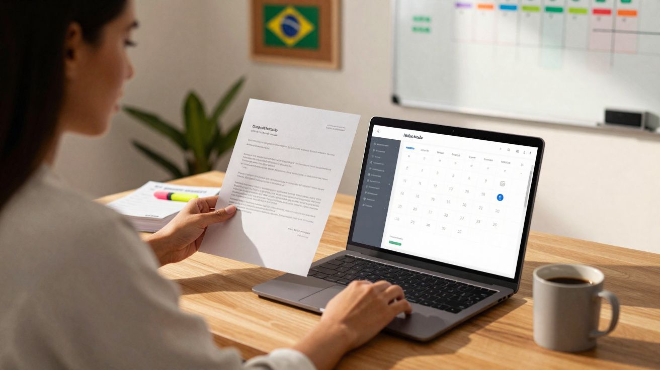 Personne consultant un document papier et un calendrier numérique sur un ordinateur portable devant une tasse de café.