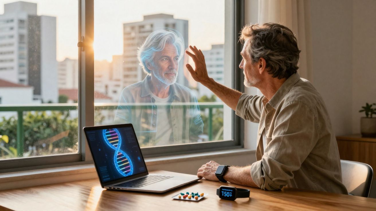 Homme assis à une table, touchant la vitre où se reflète une version holographique de lui-même.