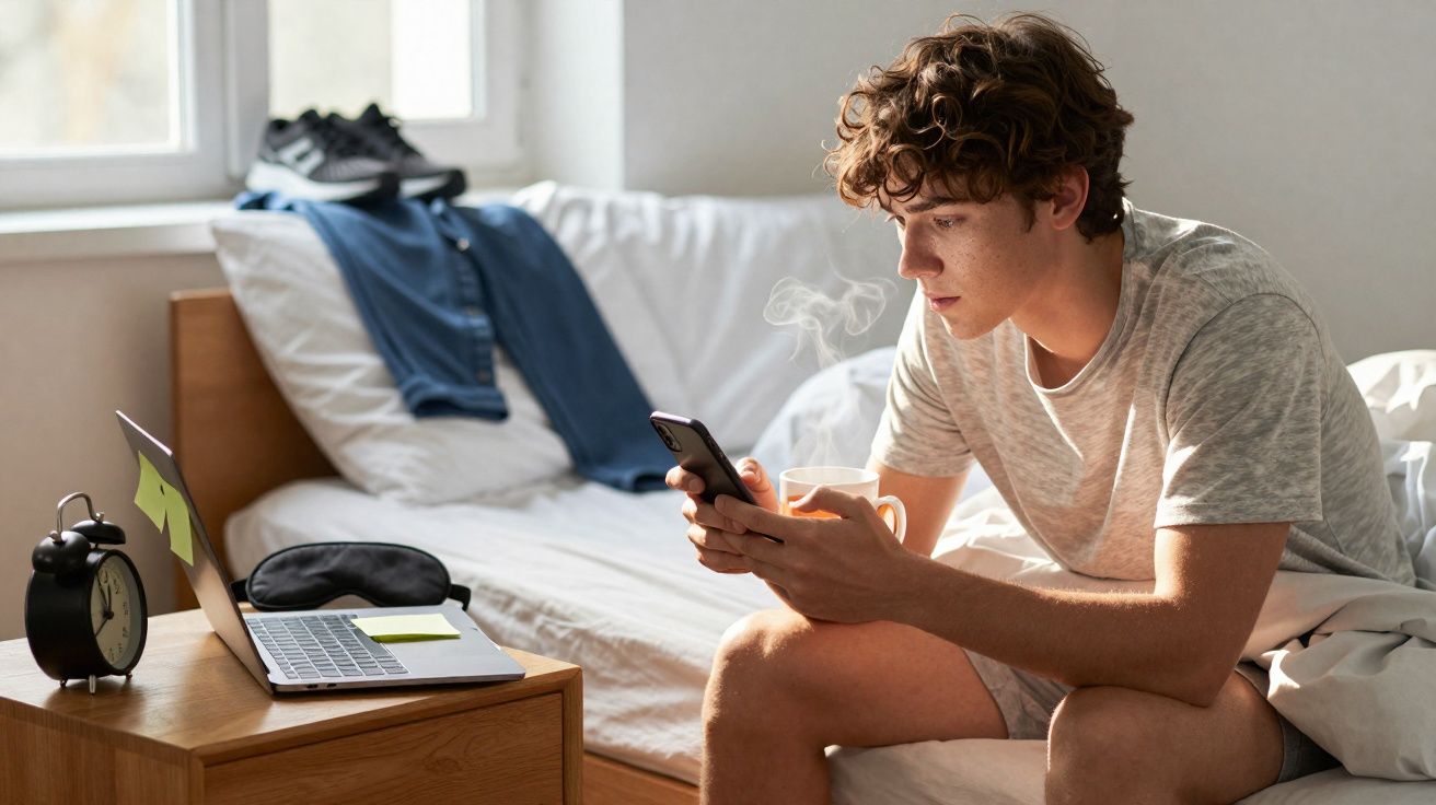 Jeune homme assis sur un lit avec un téléphone en main, une tasse fumante et un ordinateur portable ouvert devant lui.