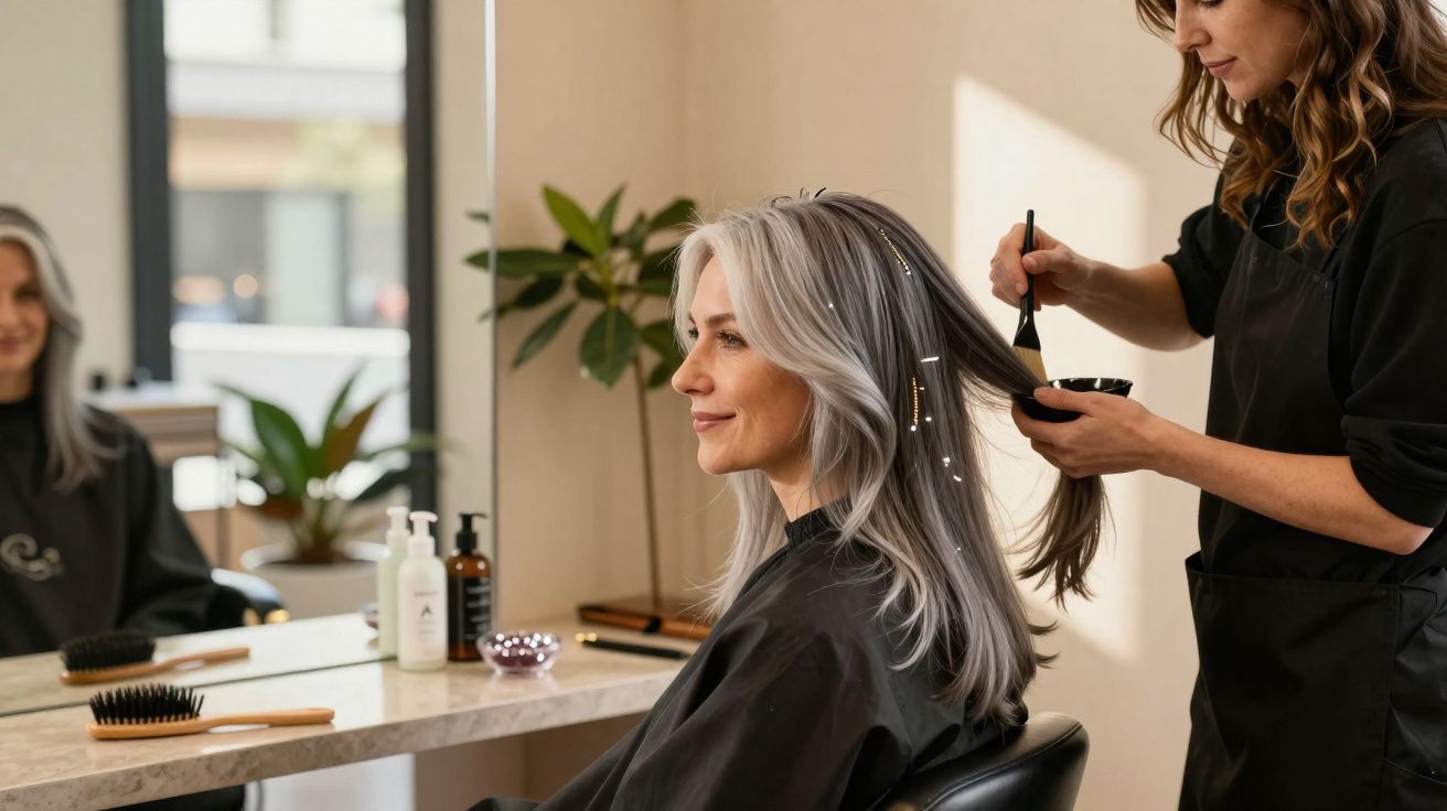 Femme aux cheveux gris assise en salon de coiffure, coiffeuse appliquant une teinture sur ses longueurs.