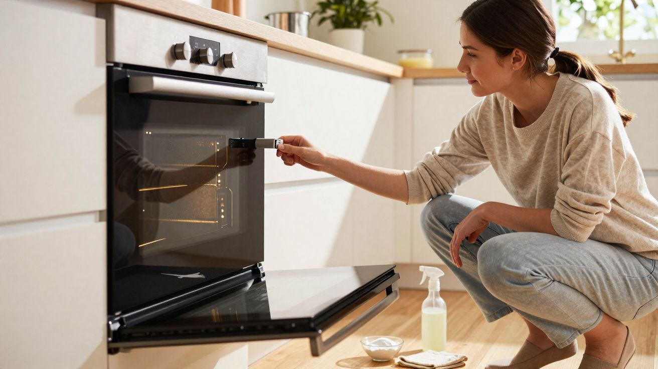 Femme accroupie ouvrant un four dans une cuisine, avec produits de nettoyage posés au sol à côté d'elle.