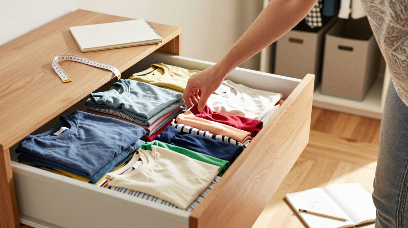 Tiroir en bois ouvert avec des t-shirts pliés par couleur et une main qui prend un t-shirt rouge.