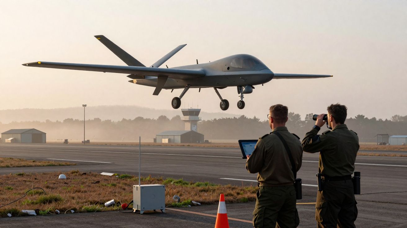 Deux militaires surveillent un drone en train d’atterrir sur une piste d’aéroport militaire au coucher du soleil.