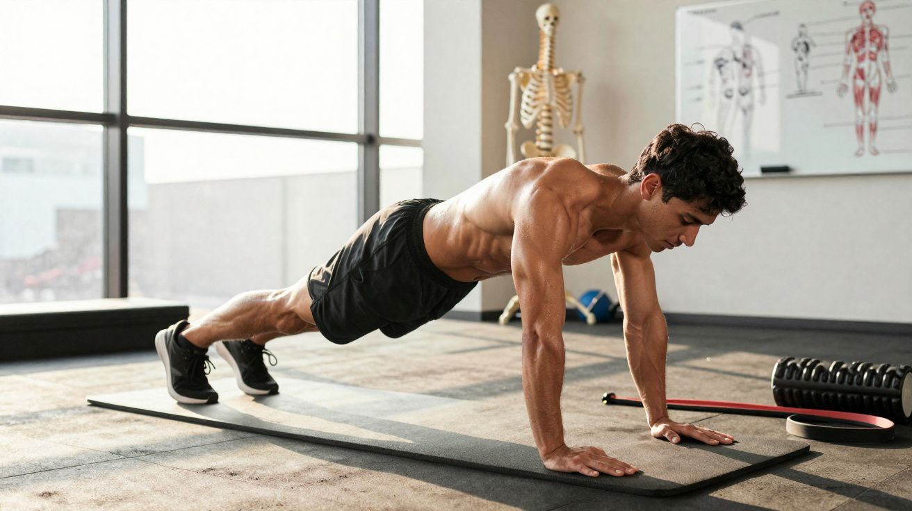 Homme musclé faisant des pompes sur un tapis dans une salle de sport avec un squelette et un poster anatomique.