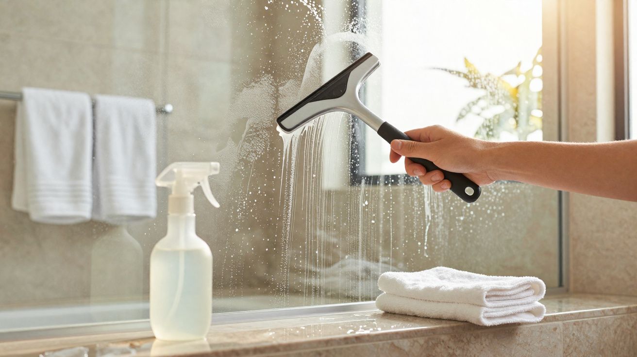 Main tenant une raclette nettoyant une vitre de salle de bain avec un spray et des serviettes pliées.