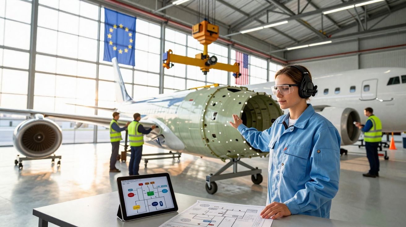 Technicienne en usine aéronautique contrôlant un plan devant un fuselage d'avion en construction.