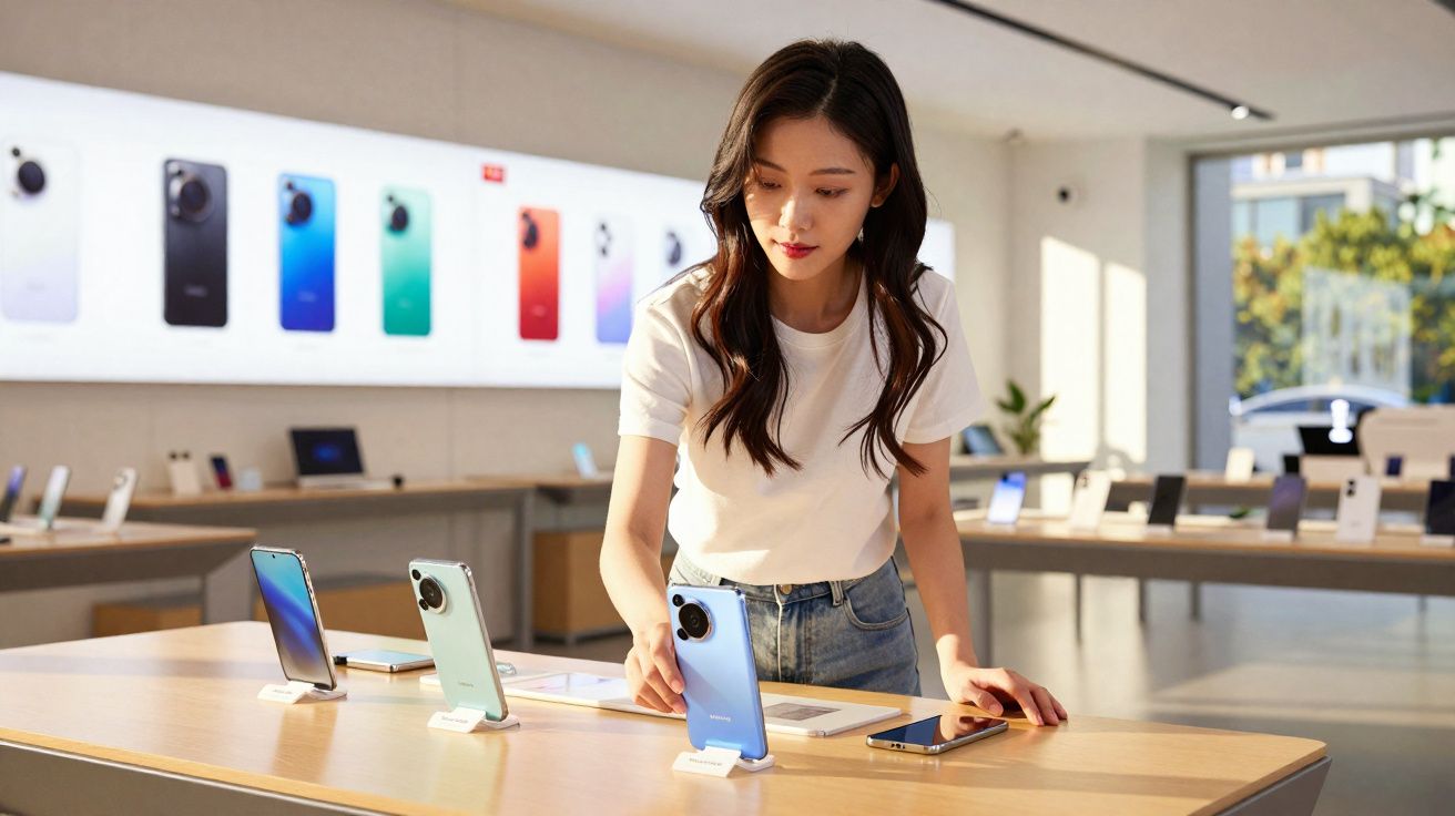 Jeune femme en t-shirt blanc testant un smartphone dans une boutique moderne de téléphones mobiles.