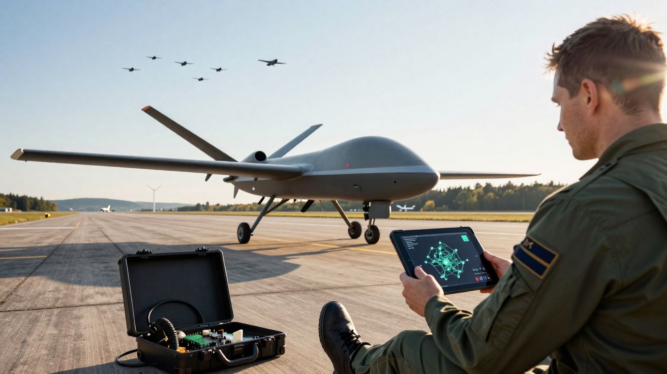 Un militaire contrôle un drone au sol avec une tablette sur une piste, des avions en formation en arrière-plan.
