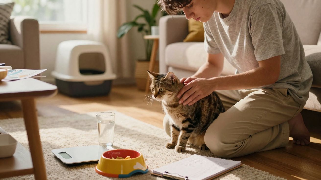 Jeune homme assis à genoux caressant un chat tigré dans un salon lumineux près d'un bol et d'un carnet.