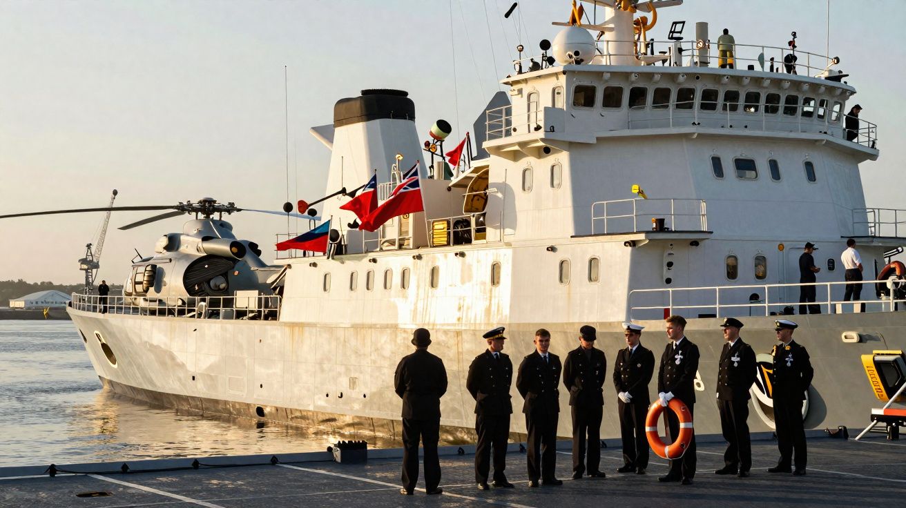 Un groupe de marins en uniforme posant devant un navire militaire blanc avec un hélicoptère sur le pont.