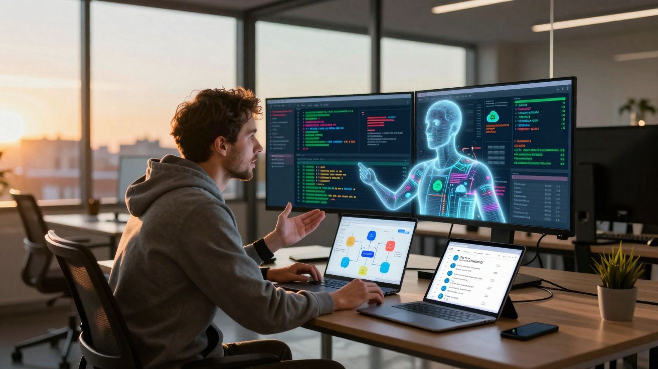 Jeune homme travaillant sur deux ordinateurs portables et un grand écran affichant un hologramme humain en bureau moderne.