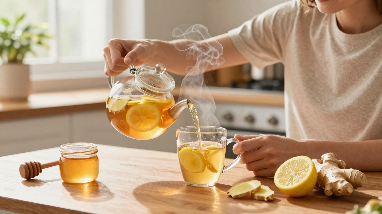 Personne versant du thé au citron et gingembre dans une tasse en verre sur une table en bois.