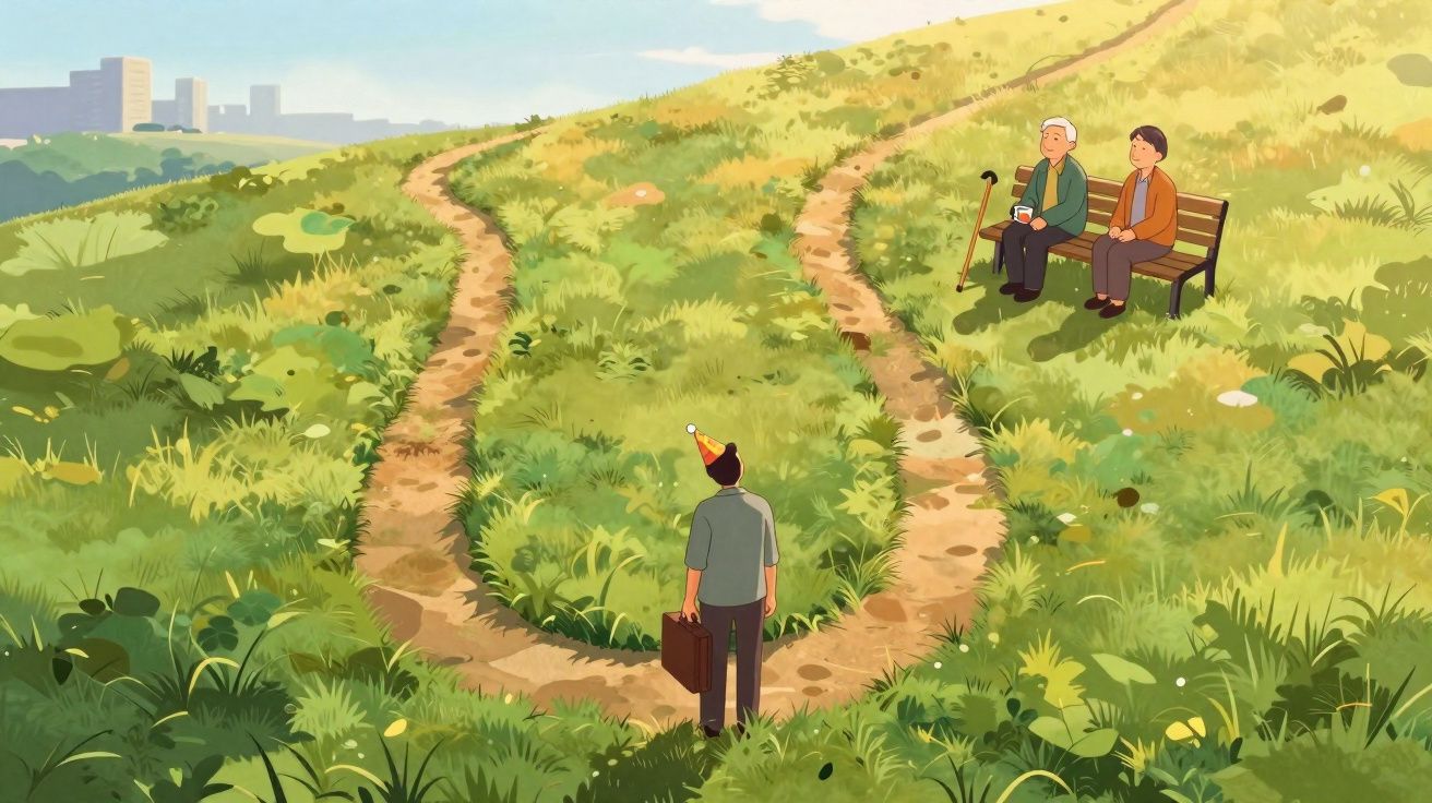 Chemin en Y dans un champ, un homme fête son anniversaire, deux personnes âgées assises sur un banc.