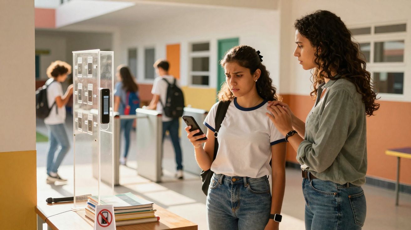 Deux adolescentes au lycée, l'une regarde son téléphone avec inquiétude, l'autre la réconforte en posant la main sur son épau
