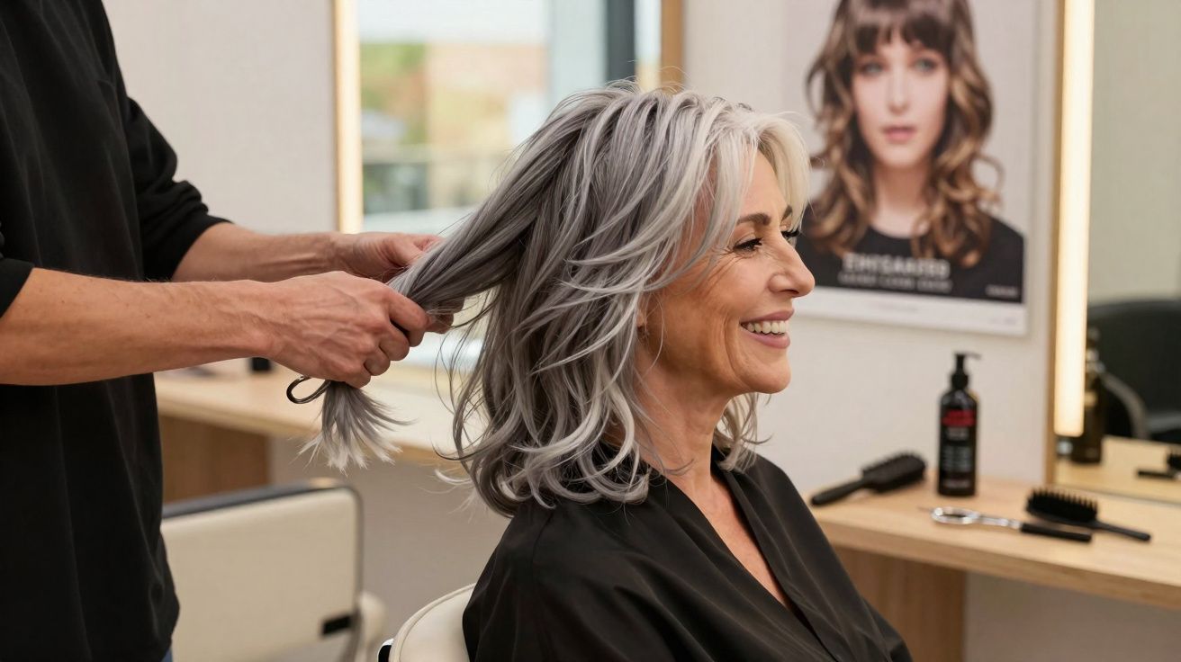 Femme souriante avec cheveux gris aux épaules coiffée par un coiffeur dans un salon de beauté moderne.