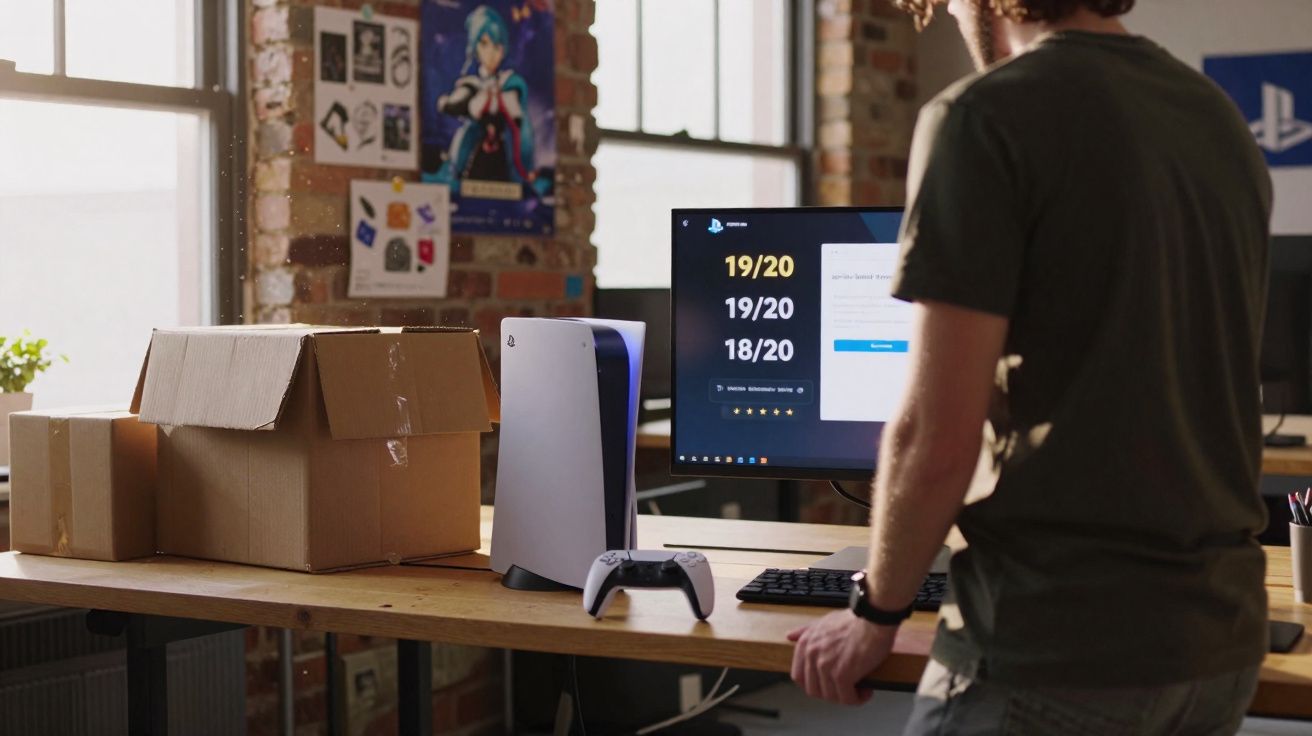 Homme debout devant un bureau avec ordinateur, console PlayStation 5 et plusieurs cartons dans une pièce lumineuse.