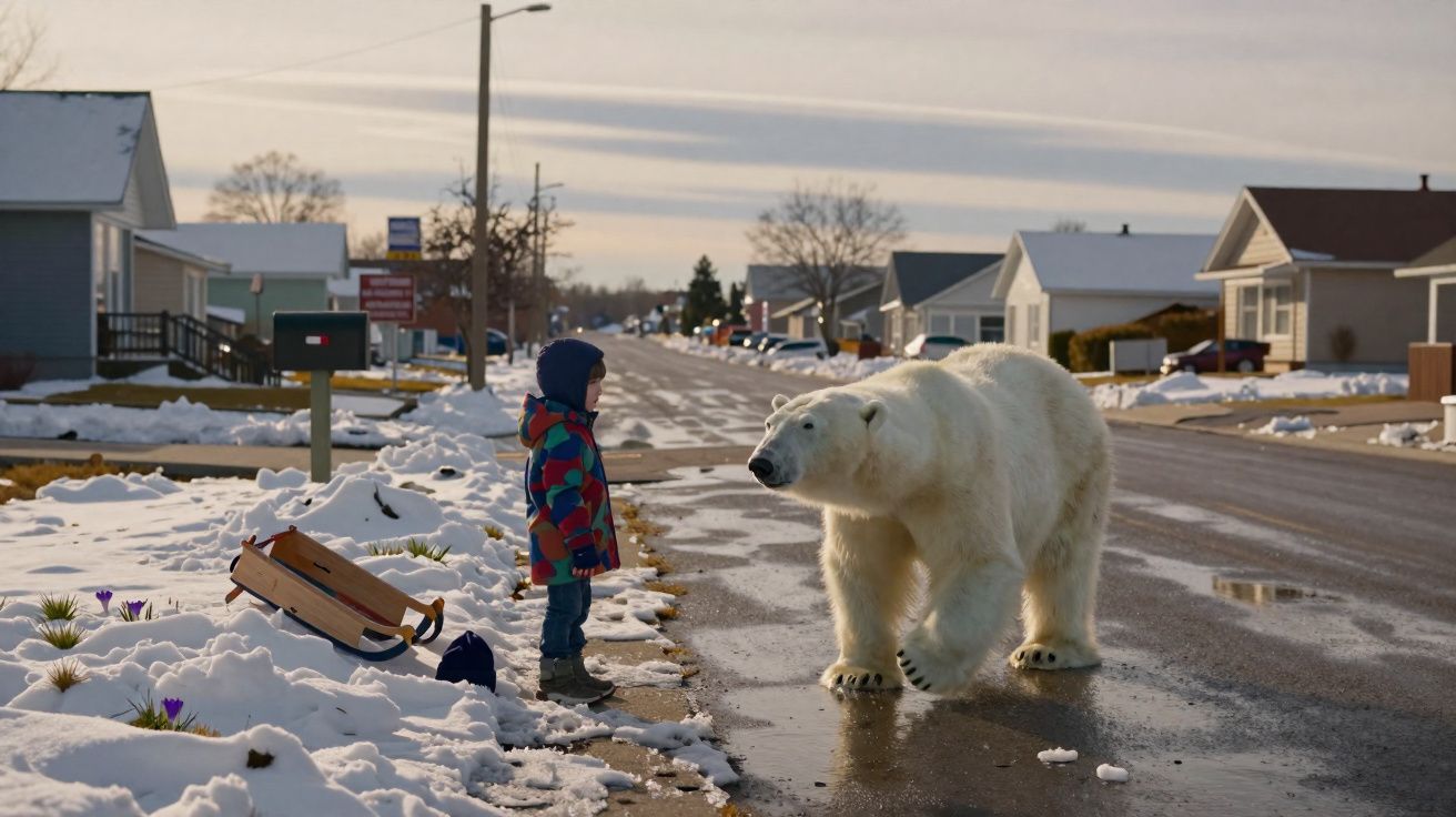 Un enfant en manteau coloré fait face à un ours polaire sur une route de quartier enneigée.