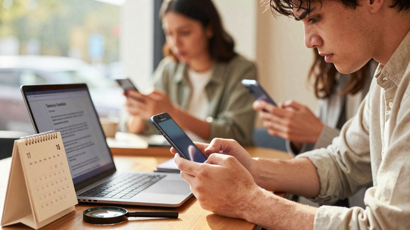 Trois personnes assises à une table utilisant des téléphones et un ordinateur portable dans un café.