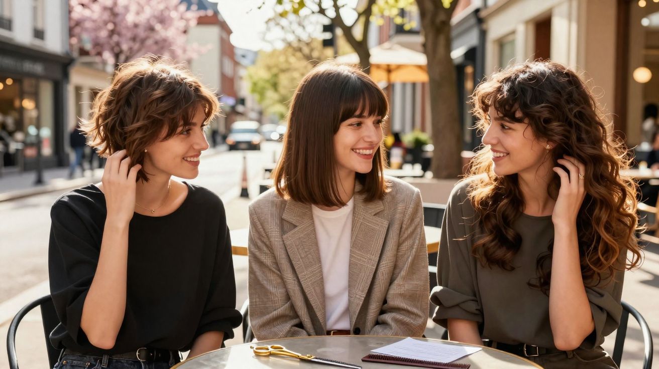 Trois jeunes femmes souriantes discutant en terrasse d’un café ensoleillé en ville.