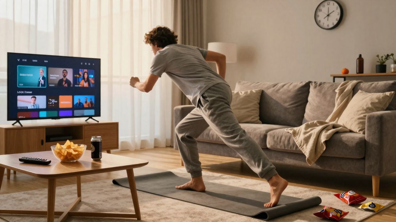 Jeune homme en tenue décontractée fait du sport sur un tapis de yoga dans un salon lumineux avec téléviseur allumé.